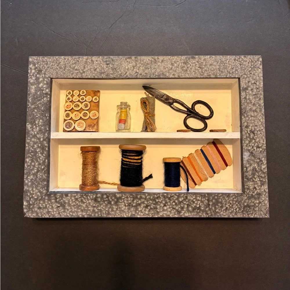 Rustic Sewing Shadow Box Wall Decor in Silver and Cream